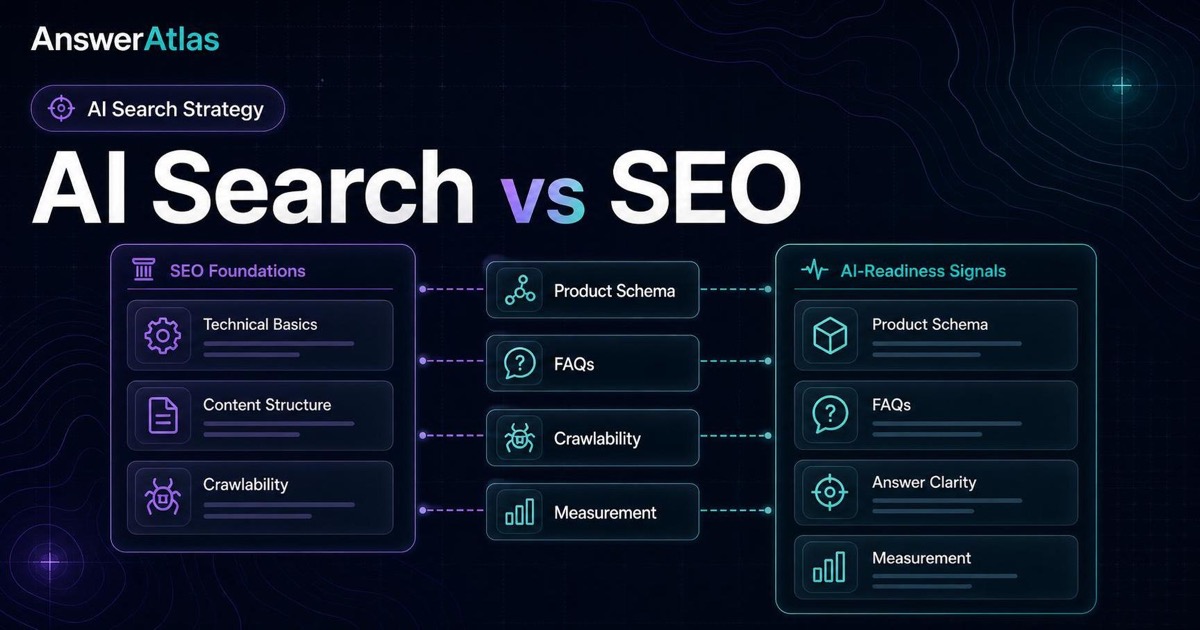 Dark AnswerAtlas blog thumbnail comparing SEO foundations with AI-readiness signals through product schema, FAQs, crawlability, and measurement cards.