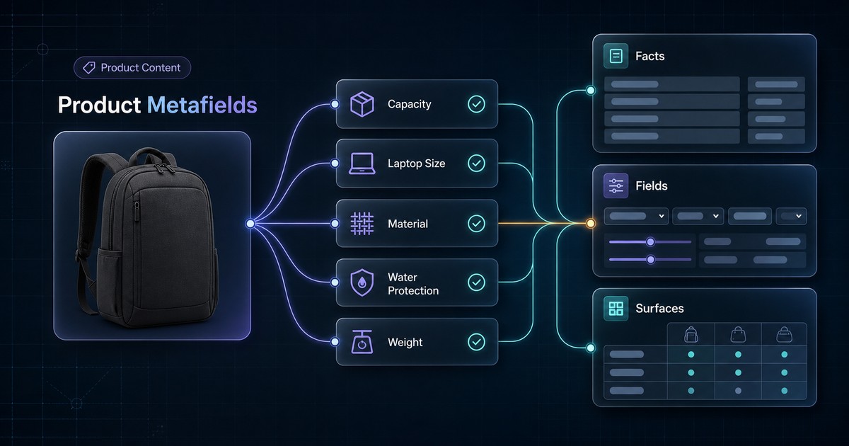 Dark AnswerAtlas blog thumbnail showing a commuter backpack connected to normalized product attribute cards and storefront content surfaces.