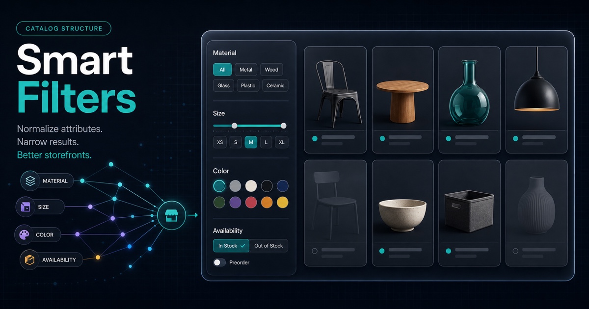 Dark AnswerAtlas blog thumbnail showing collection filters connected to normalized product attributes and a filtered ecommerce product grid.